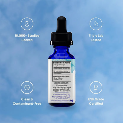 Meraki Blu USP Grade Methylene Blue Solution – Third-Party Tested 1% Liquid Formula, High Purity Blue Formula, 30ml Glass Dropper Bottle