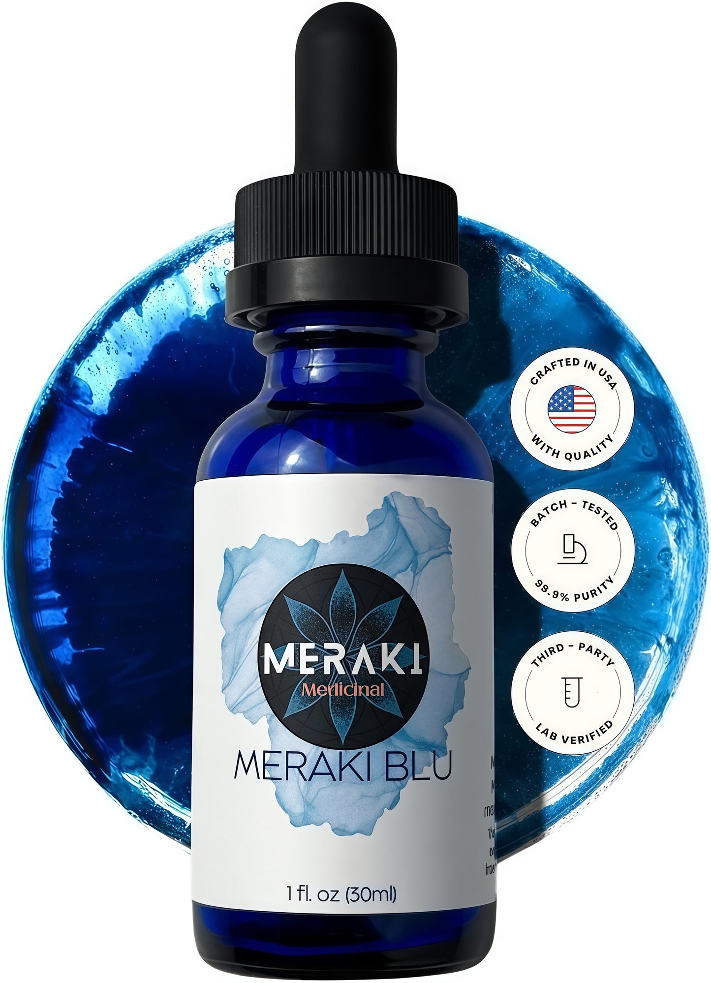Meraki Blu USP Grade Methylene Blue Solution – Third-Party Tested 1% Liquid Formula, High Purity Blue Formula, 30ml Glass Dropper Bottle
